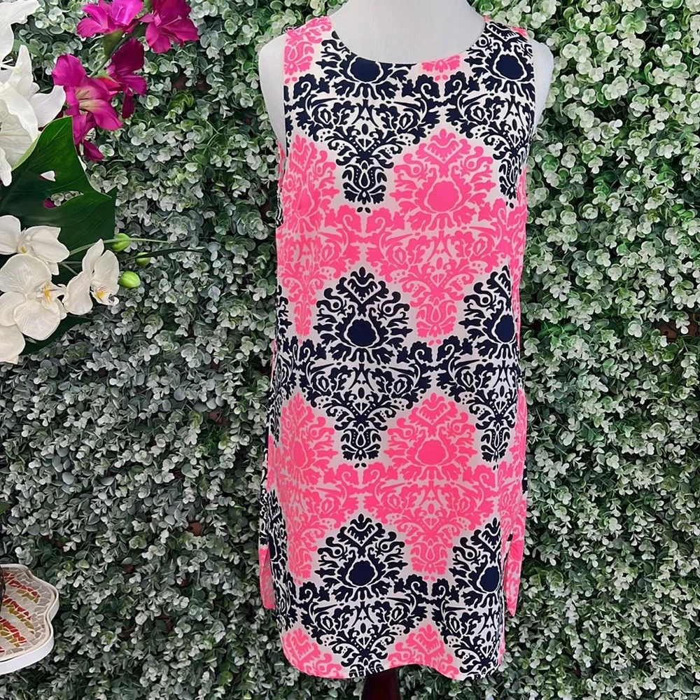 Monteau Sleeveless Open Back Printed Shift Dress Pink Black White